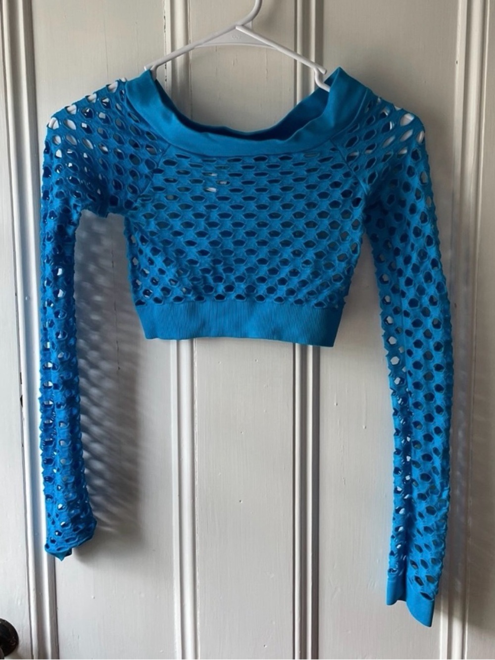 Blue Cropped Mesh Long-Sleeve Top